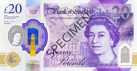 Specimen showing front of twenty pound note