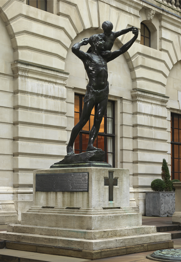 Memorial to Fallen Colleagues 1914-18. Statue of St. Christopher and the Holy Child by Richard R. Goulden, erected in 1921.