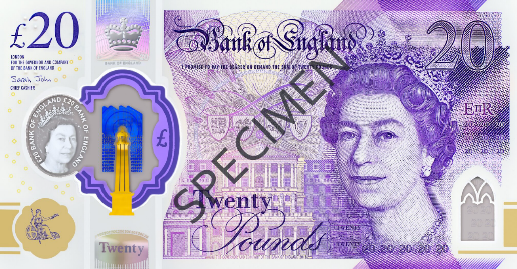 £20 polymer note featuring Roger Withington’s portrait of the Queen